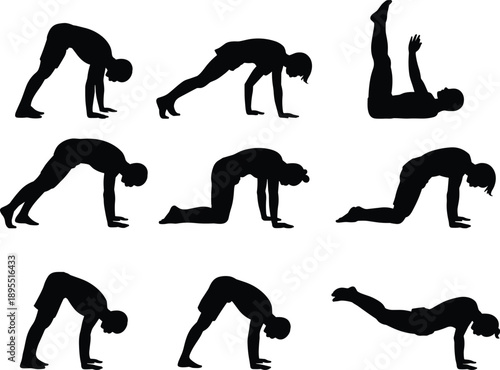 Black silhouette illustration set of woman performing yoga and bodyweight exercise poses including plank, stretch, balance, and flexibility movements