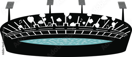 Sports stadium seats arena, venue at night. 