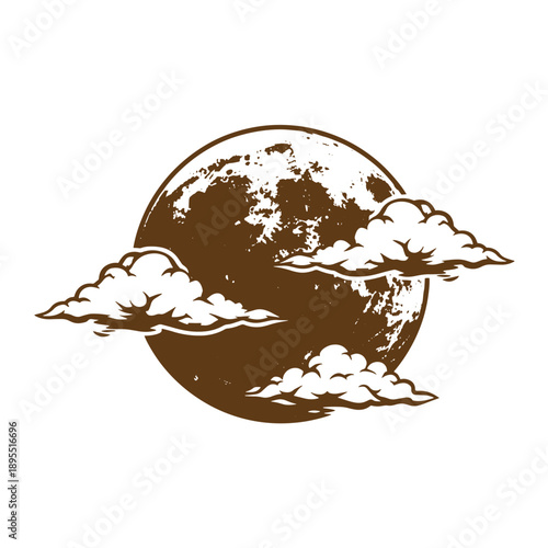 Vintage Grunge texture sepia full moon with clouds in front isolated on white background