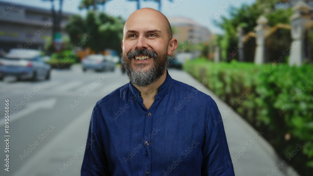 Naklejka premium Smiling man with beard and blue shirt stands outdoors on urban street with trees and cars in background on a sunny day showing a casual vibe
