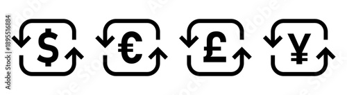 Selection of World Currencies Icon Set including US Dollar, Euro, British Pound Sterling, Japanese Yen or Chinese Yuan Coin Money Symbol with Rotation or Recycle Sign. Vector Image.