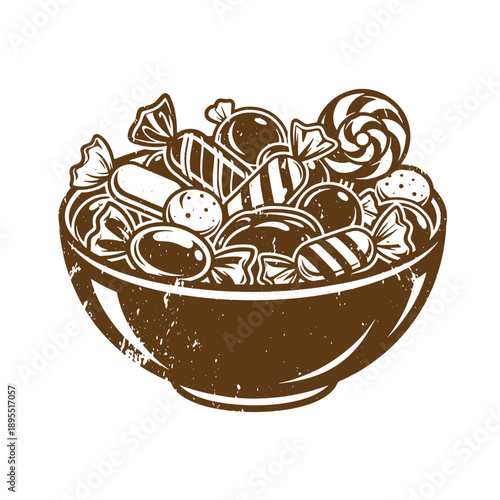 Vintage Grunge texture Vintage illustration of a bowl filled with assorted candies and sweets for snacking  dessert concept