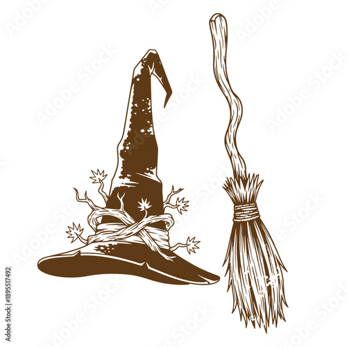 Vintage Grunge texture witch hat and broomstick on white background for halloween or magic themes