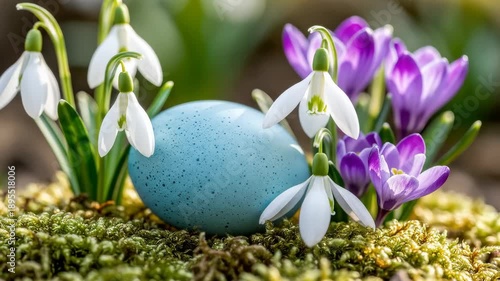 Blue egg rests among snowdrop and crocus flowers on green moss. Natural setting with bright colors in garden. Concept of spring, Easter celebration, floral display