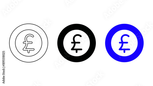 Pound sterling currency coin icon in outline flat and blue styles for British finance and banking