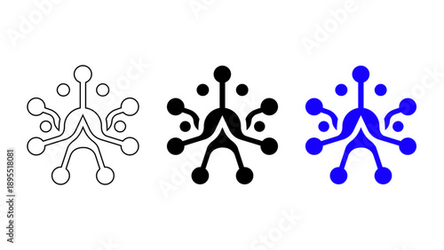 Digital network node connectivity icon in outline flat and blue styles for technology and data link