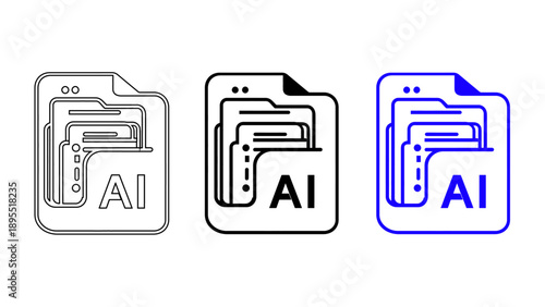 AI vector file format icon in outline and blue styles for graphic design software and artificial intelligence documents