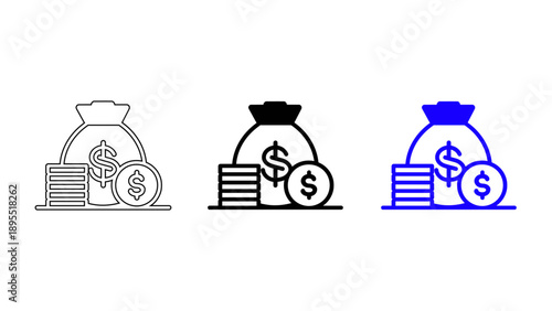 Money bag with coin stacks icon in outline and blue styles for wealth and banking savings
