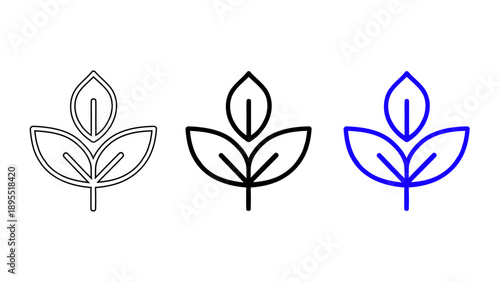 Green growth sprout icon with three leaves in outline and blue styles for ecology and sustainability