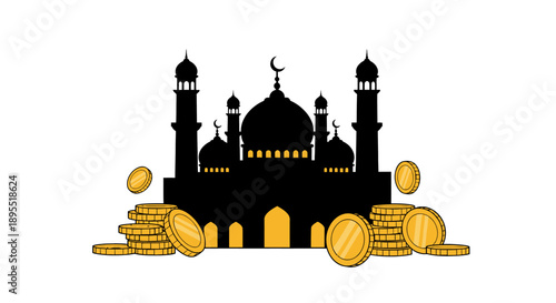 Illustration of a mosque surrounded by gold coins and treasures, depicting wealth and prosperity in a religious context, viewed from the front.
