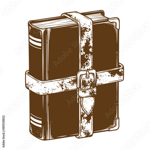 Vintage Grunge texture  illustration of book wrapped with belt and buckle in earthy tone on white background
