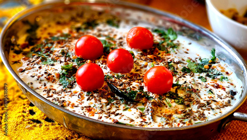 Traditional Middle Eastern yogurt dish with cherry tomatoes and spices