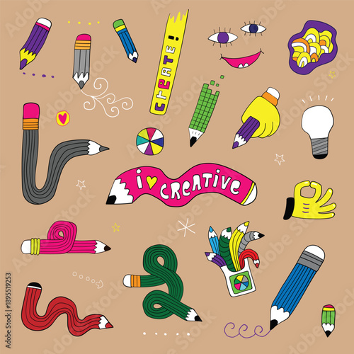 Pencils collection for kids paint education , hand drawn vector illustration