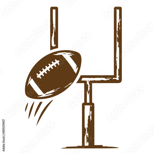 Vintage Grunge texture American football ball flying towards goal post on field in motion lines  sports equipment and field target