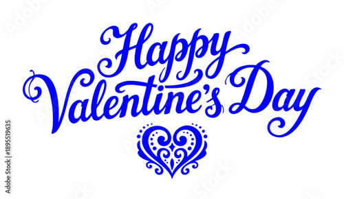 Valentines Day elegant hand text banner. Valentine greeting card template with calligraphy happy valentine`s day and red heart in line on white background. Vector illustration