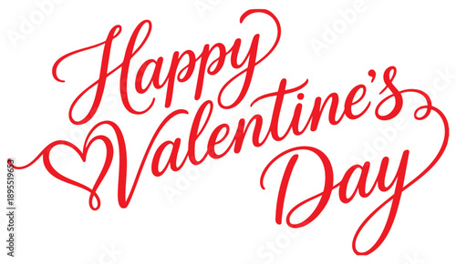Valentines Day elegant hand text banner. Valentine greeting card template with calligraphy happy valentine`s day and red heart in line on white background. Vector illustration