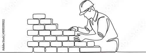 Bricklaying, building, building walls, worker in uniform lays bricks one line art. Continuous line drawing of repair, one line Art icon drawing vector