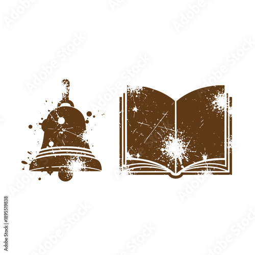 Vintage Grunge texture grungy bell and open book icons with splatters isolated on white background for educational or literary use