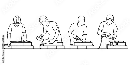 Construction workers engaged in various stages of bricklaying and masonry work