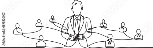 Continuous one line drawing of businessman connecting person icons, one line Art icon drawing vector