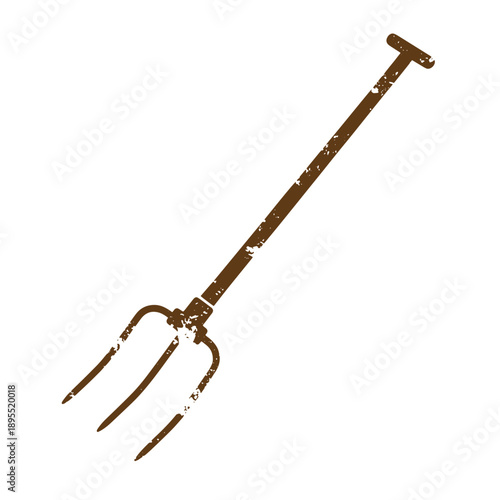 Vintage Grunge texture Grungy garden pitchfork tool with worn wooden handle and three metal tines for digging and lifting isolated on white