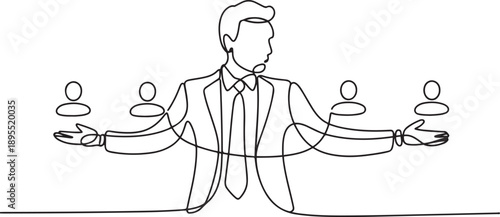Continuous one line drawing of businessman connecting person icons, one line Art icon drawing vector