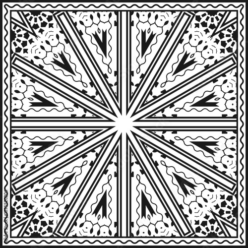 Monochrome black and white design for a bandana, scarf, tablecloth or wall hanging. Vector illustration