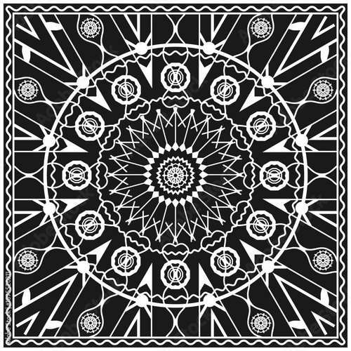 Monochrome black and white design for a bandana, scarf, tablecloth or wall hanging. Version 2. Vector illustration