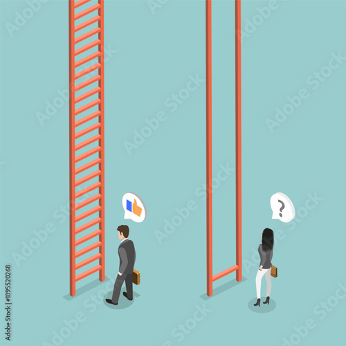 3D Isometric Flat Vector Illustration of Gender Inequality, Man And Woman By Career Corporate Ladder