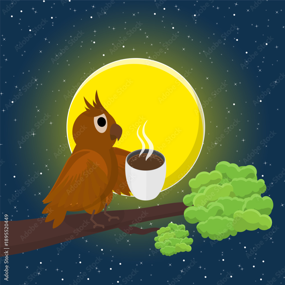 Fototapeta premium 3D Isometric Flat Vector Illustration of Owl With Cup, Enjoying A Beverage At A Cozy Cafee