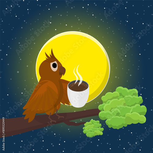 3D Isometric Flat Vector Illustration of Owl With Cup, Enjoying A Beverage At A Cozy Cafee