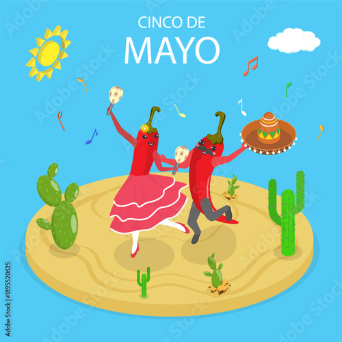 3D Isometric Flat Vector Illustration of Cinco De Mayo Celebration, Cartoon-style, With Cactus, Sombrero, And Guitar For Poster