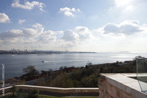 Terrace of Topkapi Palace in Istanbul, Turkey, with a view of the Bosphorus. Horizontal image on a sunny day with blue sky, no people.