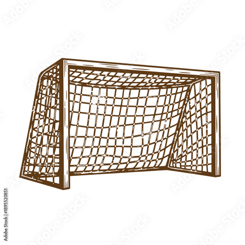 Vintage Grunge texture illustration of a brown soccer goal post with net on white background for design