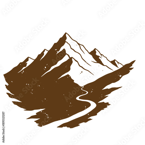 Vintage Grunge texture Mountain range with winding road illustration in brown color on white background