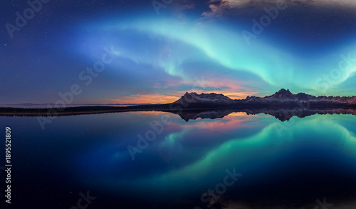 Wallpaper Mural Aurora Over Mountain Range Reflected in Calm Lake Under Sunset and Starry Night Sky Torontodigital.ca