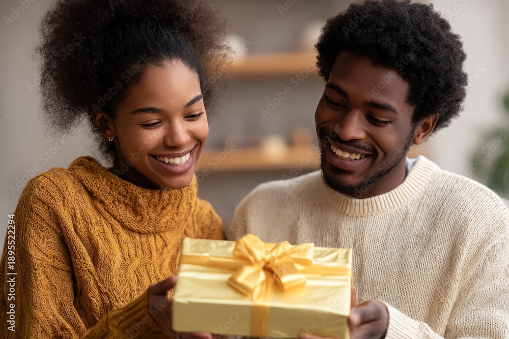 Naklejka premium African American couple exchanging gift box with yellow ribbon in home environment