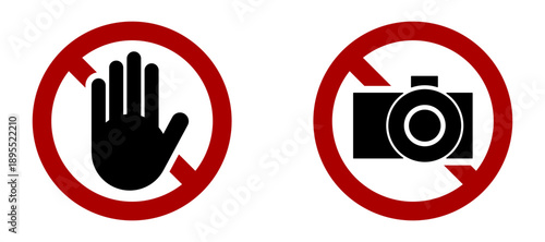 Stop Do not Touch Hand Palm and Do not Take Photo No Camera or not Allowed Warning Info Sign Symbol Icon Set usable in Museums or Art Exhibitions. Vector Image.