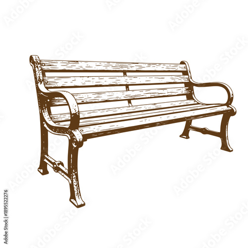 Vintage Grunge texture Vintagestyle wooden park bench with metal frame and armrests isolated on white background