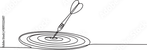 Darts continuous one line drawing of a white background, Dart sticking in surface, one line Art icon drawing vector