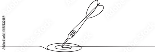 Darts continuous one line drawing of a white background, Dart sticking in surface, one line Art icon drawing vector