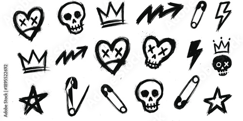 Black and white grunge style icons including skulls, hearts, crowns, lightning bolts, and safety pins