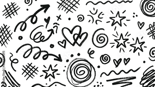 Black and White Hand Drawn Doodle Pattern with Arrows Hearts Stars and Swirls Keywords: doodle, pattern, hand drawn, sketch