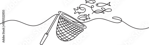 Fishing net line icon. Catch fish, hook, rod, fisherman, school of fish. Hunting net continuous one line drawing, one line Art icon drawing vector