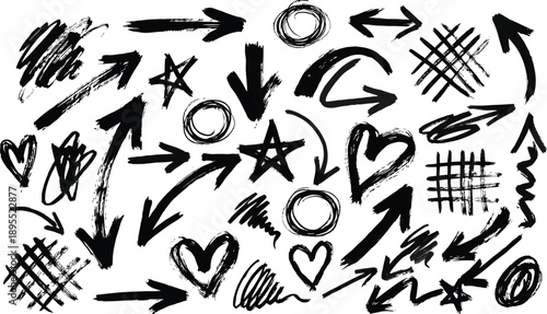 Black Hand Drawn Arrows Hearts Stars Circles Grids Scribbles And Lines Keywords: arrows, hearts, stars, circles, grids