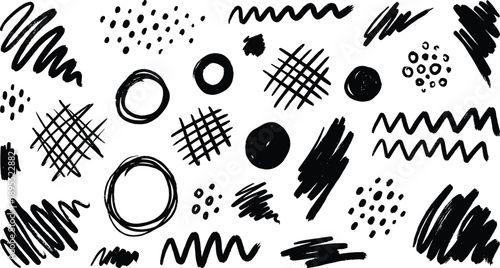 Black hand-drawn abstract shapes scribbles circles and dots on white background Keywords: abstract shapes, scribbles, circles