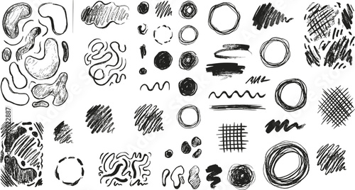 Black hand-drawn abstract shapes scribbles circles and textures on white Keywords: abstract shapes, scribbles, circles, textures