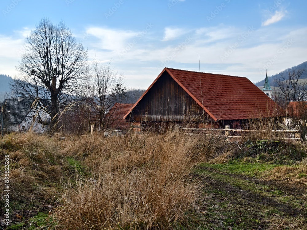 Obraz premium small village house with a red roof