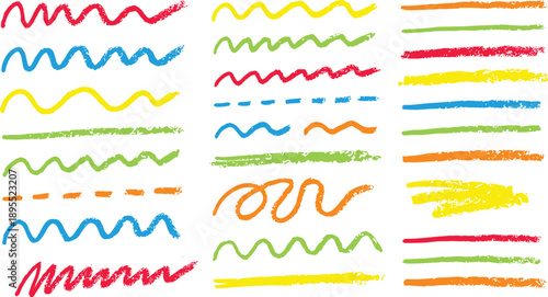 Collection of colorful hand-drawn wavy and straight brush stroke lines Keywords: wavy lines, straight lines, brush strokes