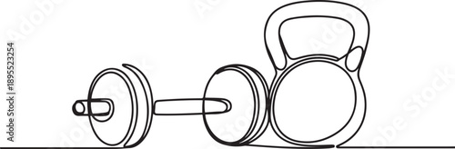 Continuous one line drawing of dumbbell - fitness equipment. Kettlebell, one line Art icon drawing vector